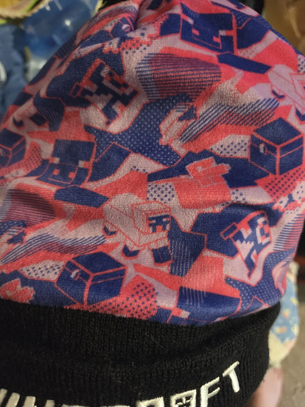 Minecraft Pink & Blue Pom-Top Beanie with Black Cuff 15+ Teen/Adult